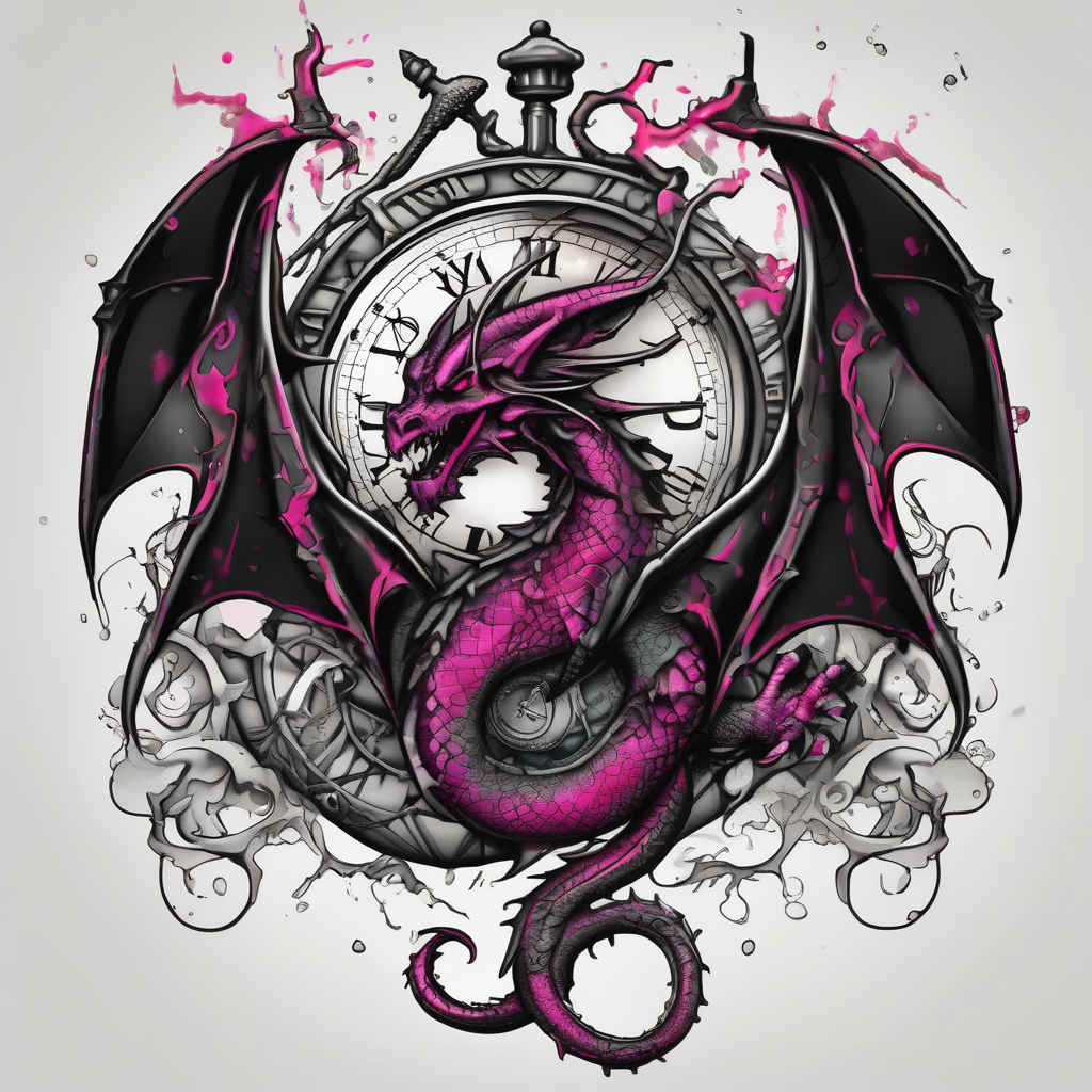 Dark dragon tattoo with clock, dollars and cancer zodiac sign on background glitter tattoo, AI-generated Watercolor tattoo design